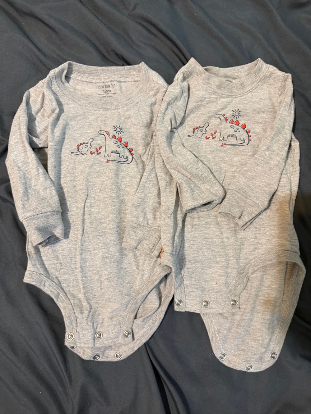 2 Carter's Gray Long-Sleeve Dinosaur One-Piece Bodysuits